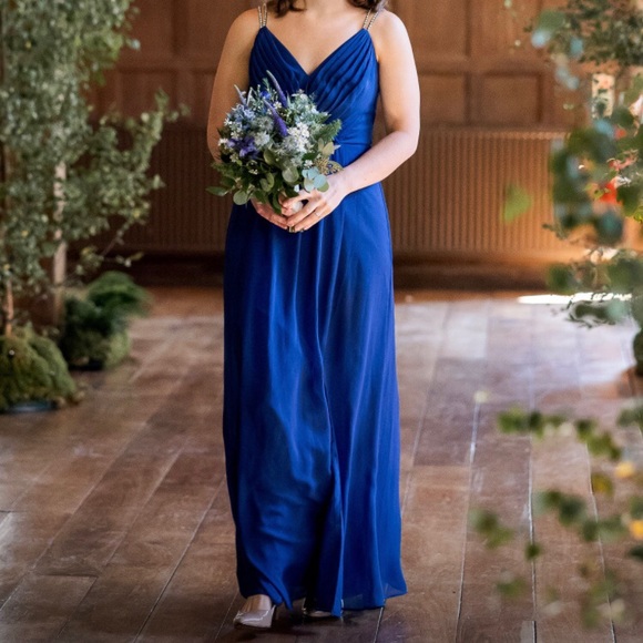 David’s Bridal Cobalt Blue Long Dress Beaded Strap - Picture 3 of 15